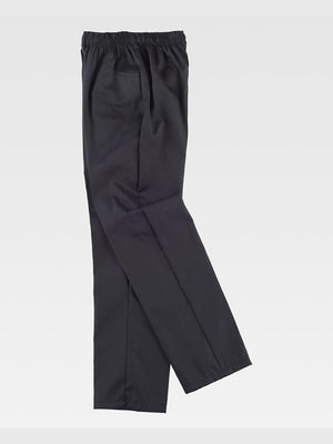 Unisex trousers with straight hem and elastic waistband, without flap. Two side pockets with rounded opening