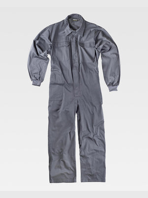 One-piece jumpsuit with concealed zipper with Velcro flap. Shirt collar, elastic cuffs Two chest pockets with flap and Velcro closure Two side pockets, one back pocket, one tool pocket Elastic on the back waistband.