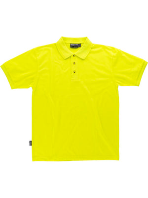 Short-sleeved polo shirt. Three-button closure on the neck. Ribbed fabric on collar and armholes