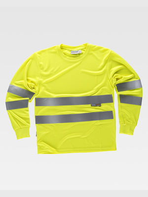 HIGH VISIBILITY EN ISO 20471:2013. Class 2. Certified high-visibility T-shirt, round neck, long sleeves and elastic cuffs. Two reflective stripes on chest and sleeves.