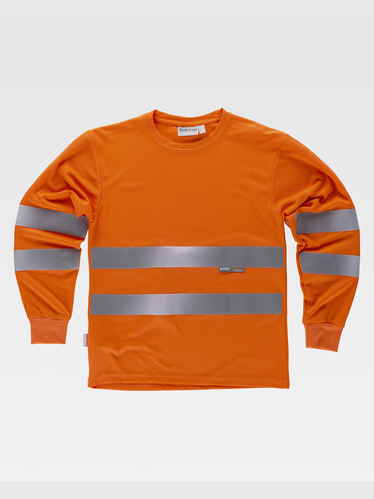 HIGH VISIBILITY EN ISO 20471:2013. Class 2. Certified high-visibility T-shirt, round neck, long sleeves and elastic cuffs. Two reflective stripes on chest and sleeves.