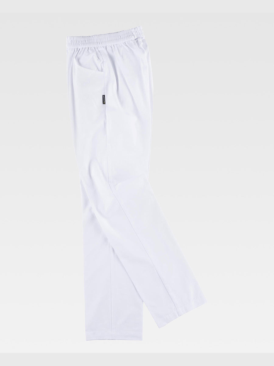 Unisex trousers with straight hem and elastic waistband, without flap. Two side pockets with rounded opening